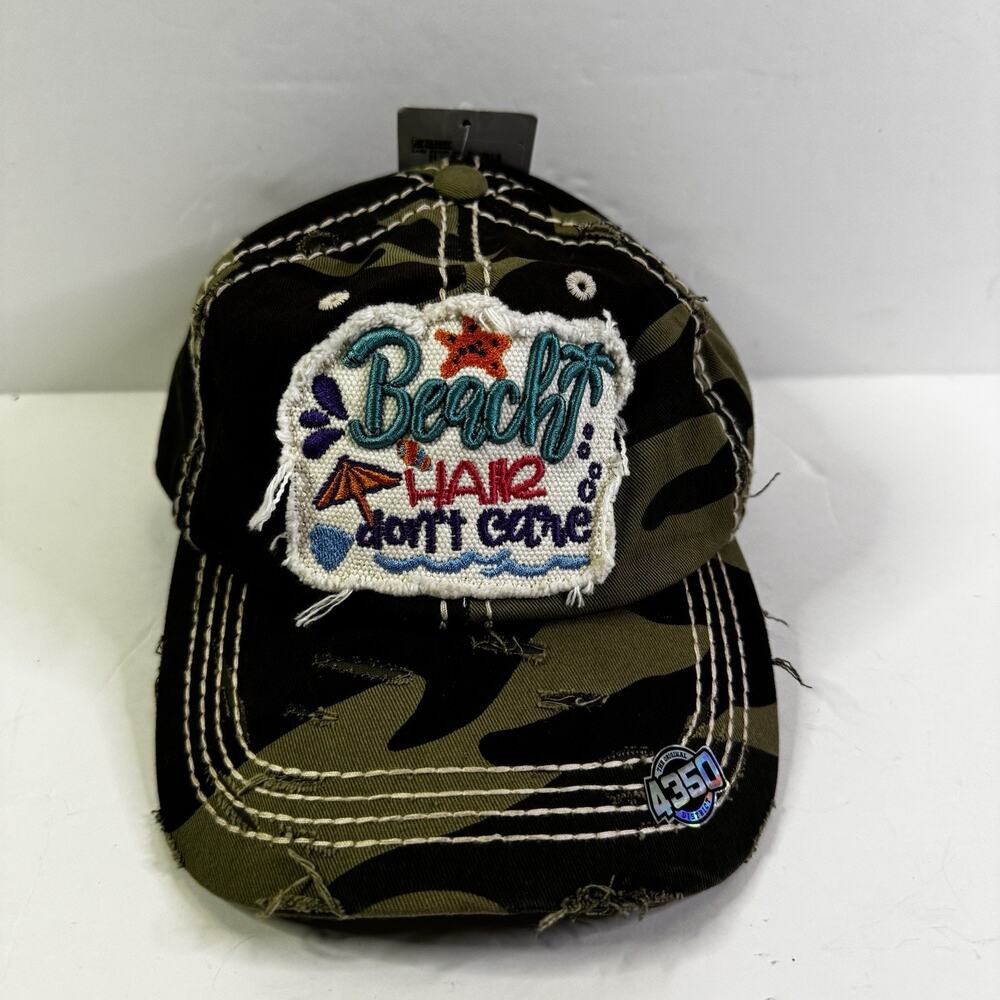 4350 District Womens Camouflage Distressed Trucker Hat “Beach Hair Don’t Care”